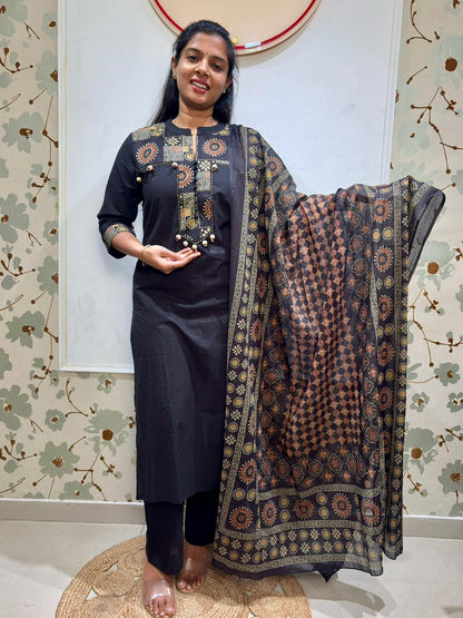Black Cotton Kurti Set | Ajrakh Block Print