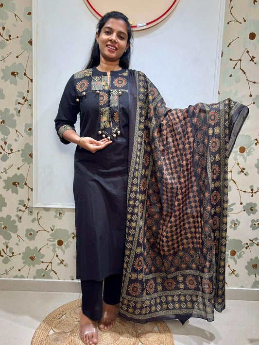Black Cotton Kurti Set | Ajrakh Block Print