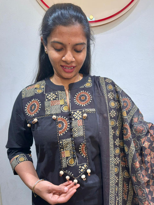 Black Cotton Kurti Set | Ajrakh Block Print