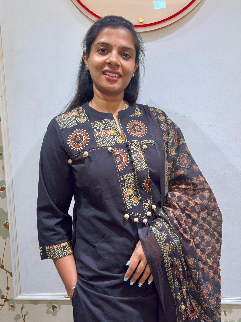 Black Cotton Kurti Set | Ajrakh Block Print