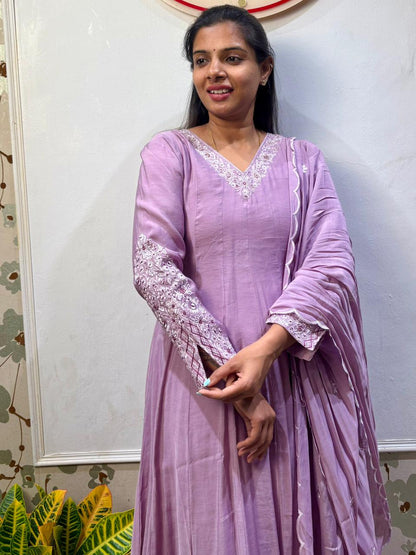 Lavender Mul Chanderi Anarkali Set