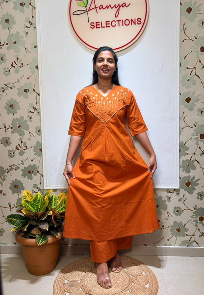 Orange Embroidered Cotton Co-Ord Set