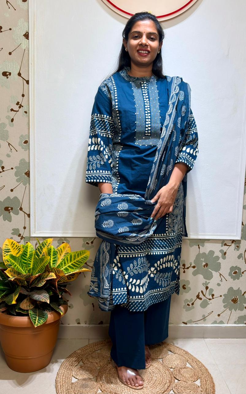 Teal Blue Printed Cotton Kurta Set with Dupatta