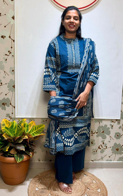 Teal Blue Printed Cotton Kurta Set with Dupatta
