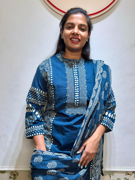 Teal Blue Printed Cotton Kurta Set with Dupatta