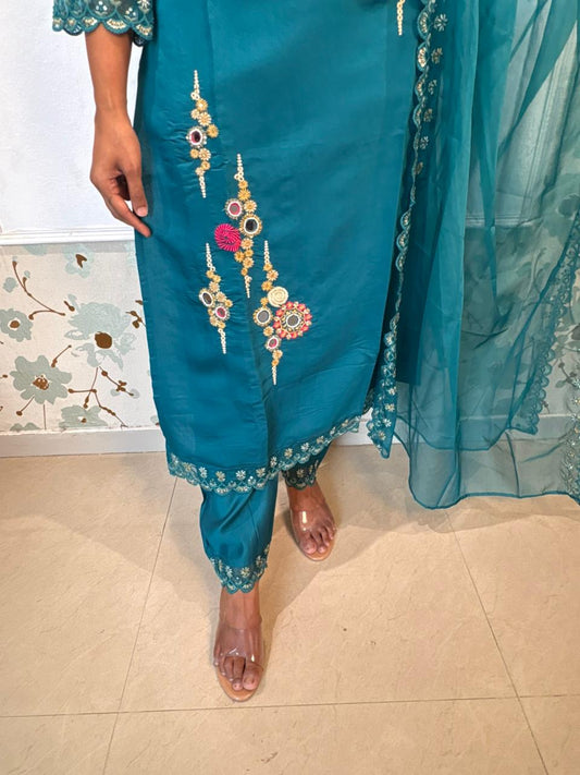 Teal Blue Silk Mirror Work Embroidered Kurta Set with Organza Dupatta