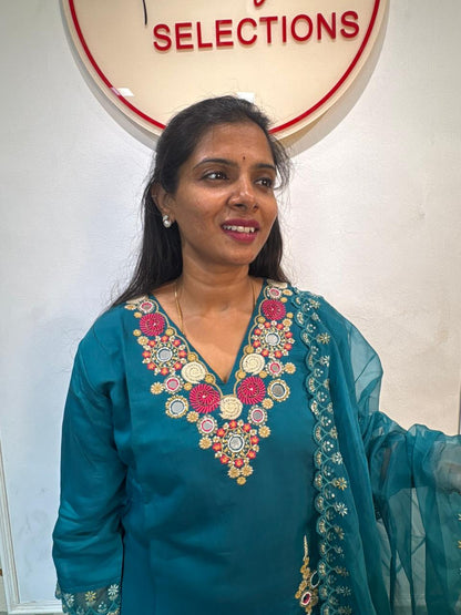 Teal Blue Silk Mirror Work Embroidered Kurta Set with Organza Dupatta