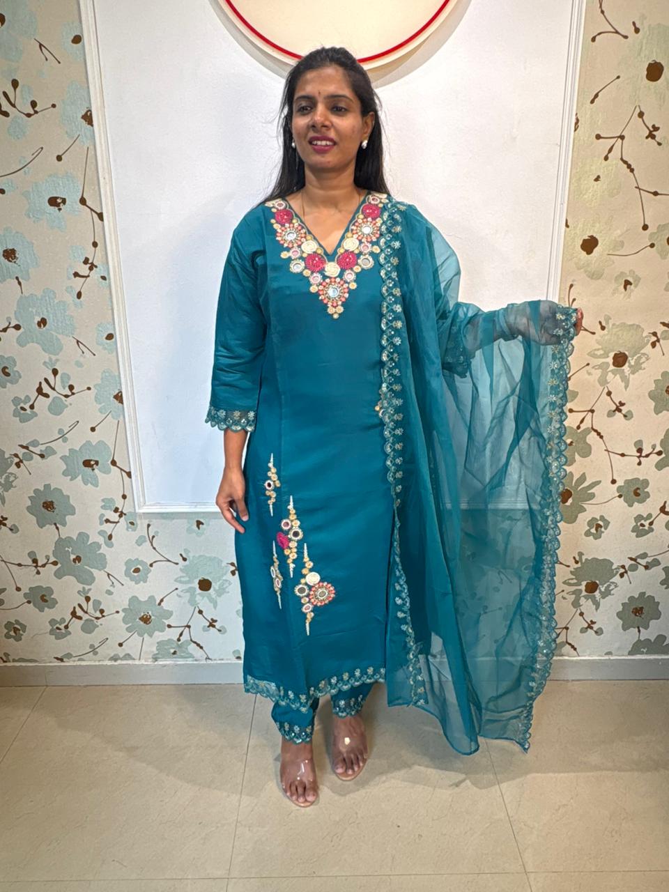 Teal Blue Silk Mirror Work Embroidered Kurta Set with Organza Dupatta