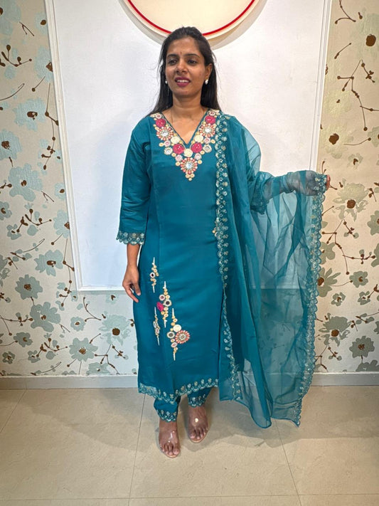 Teal Blue Silk Mirror Work Embroidered Kurta Set with Organza Dupatta