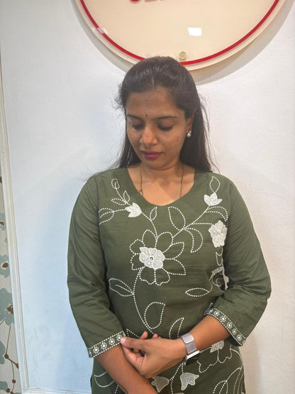 Olive Green Cotton Floral Embroidered Kurta Set with Dupatta