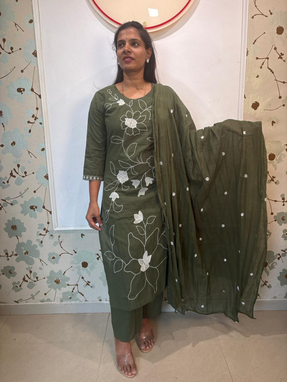 Olive Green Cotton Floral Embroidered Kurta Set with Dupatta