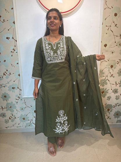 Olive Green Cotton Chikankari Embroidered Kurta Set with Dupatta