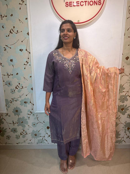 Purple Silk Embroidered Kurti Set with Peach Banarasi Dupatta