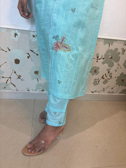 Sky Blue Mul Cotton Embroidered 3-Piece Kurti Set