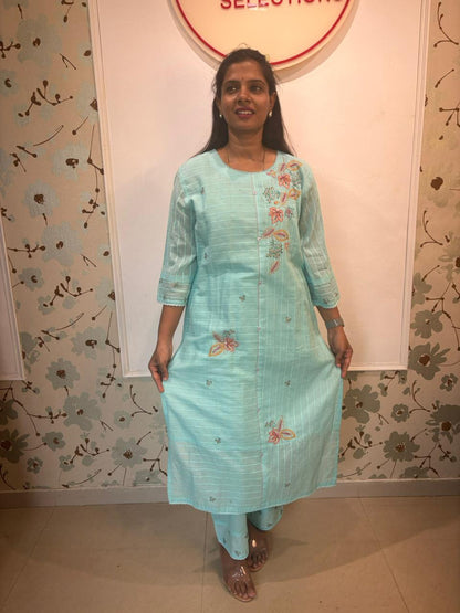 Sky Blue Mul Cotton Embroidered 3-Piece Kurti Set