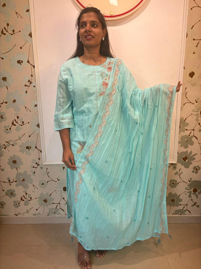 Sky Blue Mul Cotton Embroidered 3-Piece Kurti Set