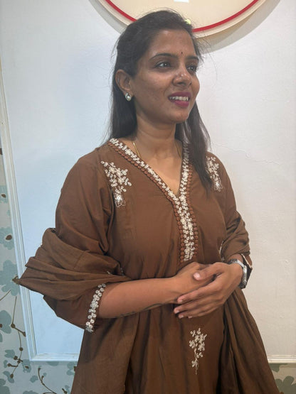 Brown Embroidered Cotton Kurta Set with Dupatta