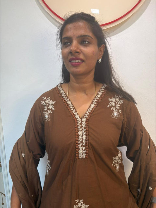 Brown Embroidered Cotton Kurta Set with Dupatta