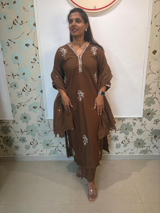 Brown Embroidered Cotton Kurta Set with Dupatta