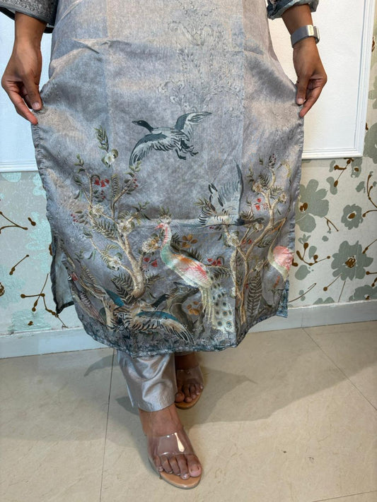 Silver Grey Raw Silk Digital Print Kurta Set with Dupatta