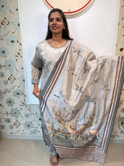 Silver Grey Raw Silk Digital Print Kurta Set with Dupatta
