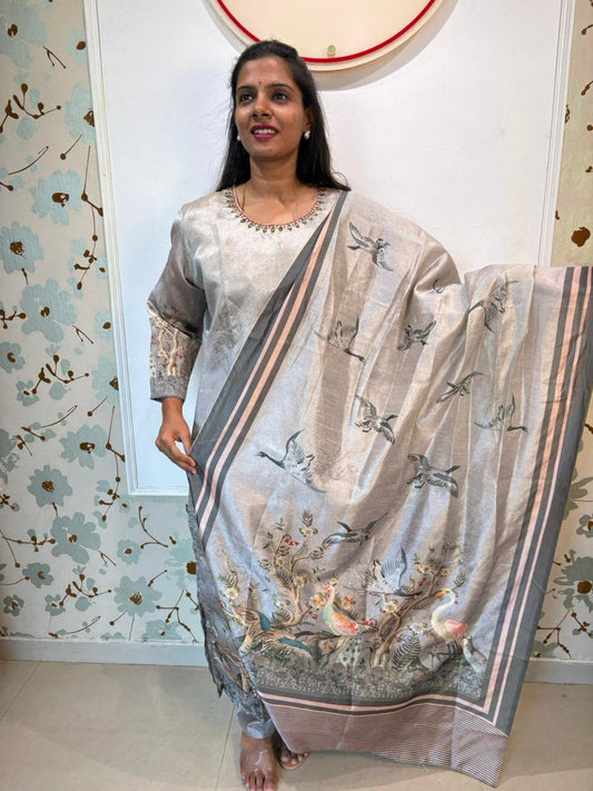 Silver Grey Raw Silk Digital Print Kurta Set with Dupatta