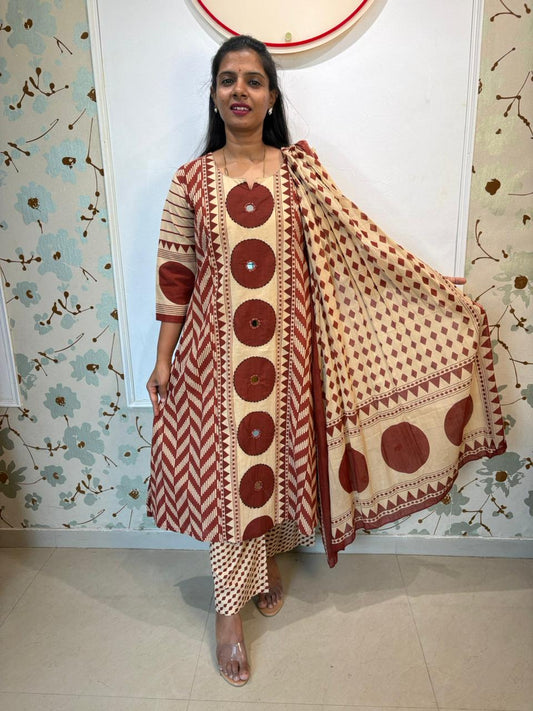 Rust & Cream Cotton Block Print Kurta Set with Dupatta