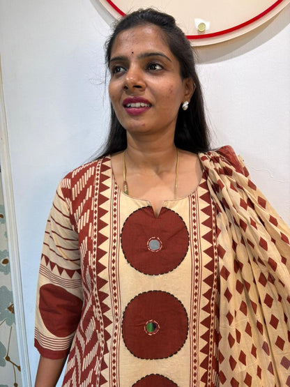 Rust & Cream Cotton Block Print Kurta Set with Dupatta