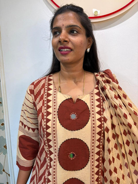 Rust & Cream Cotton Block Print Kurta Set with Dupatta