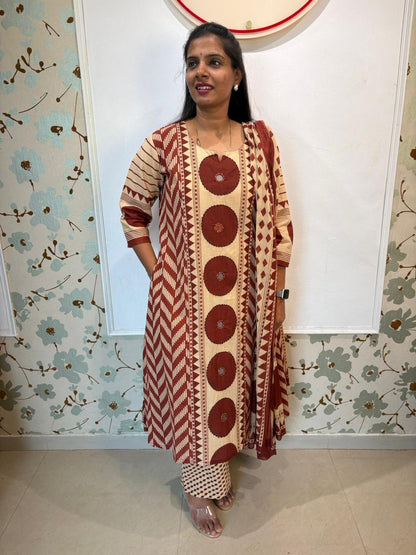 Rust & Cream Cotton Block Print Kurta Set with Dupatta