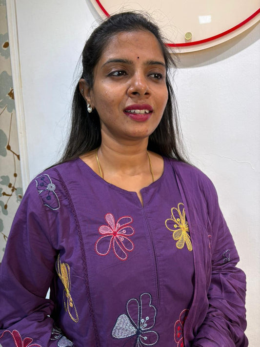 Purple Multi-Colour Floral Embroidered Cotton Kurta Set with Dupatta