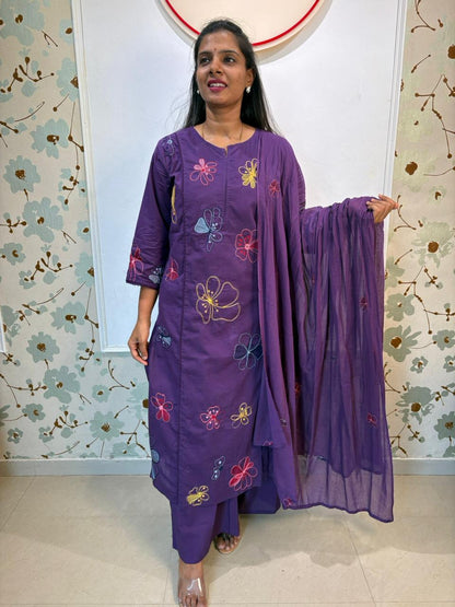 Purple Multi-Colour Floral Embroidered Cotton Kurta Set with Dupatta