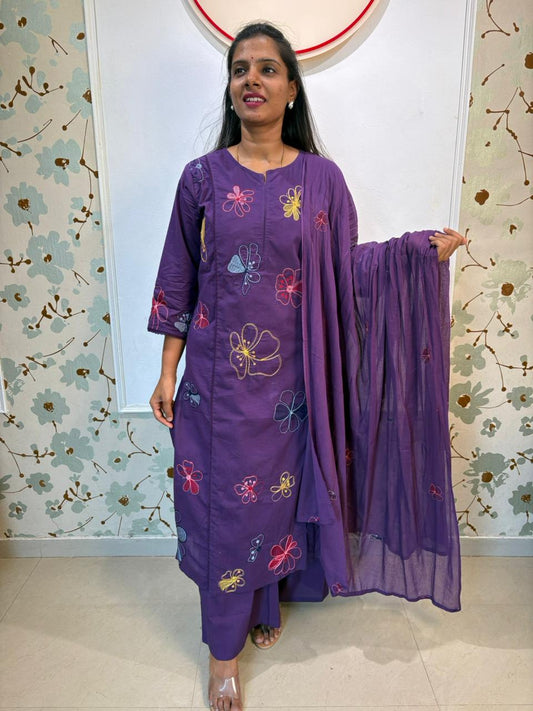 Purple Multi-Colour Floral Embroidered Cotton Kurta Set with Dupatta