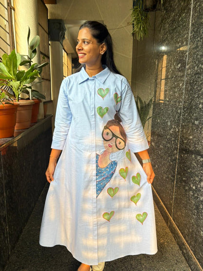 Flex Cotton Hand-Painted Shirt Dress – Whimsical Girl & Cactus Hearts