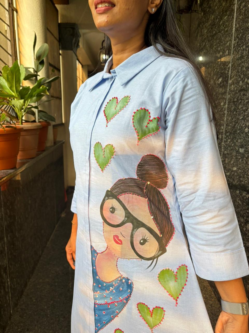 Flex Cotton Hand-Painted Shirt Dress – Whimsical Girl & Cactus Hearts