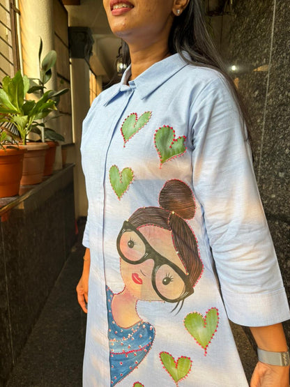Flex Cotton Hand-Painted Shirt Dress – Whimsical Girl & Cactus Hearts
