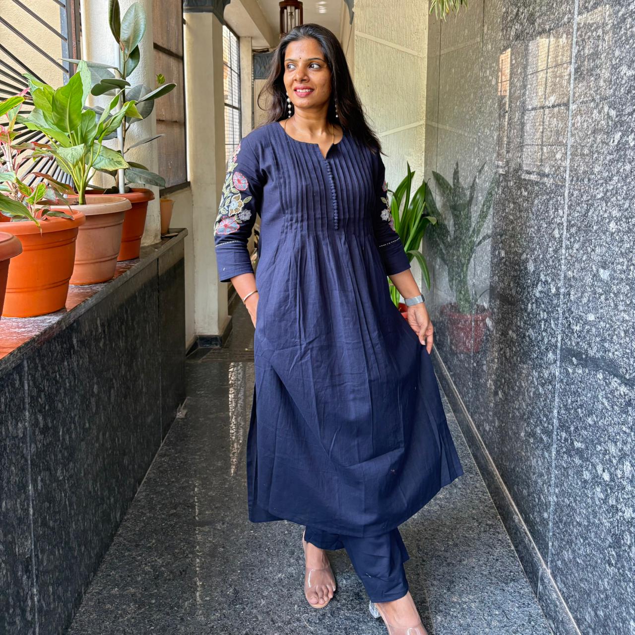 Navy Blue Pintuck Embroidered Cotton Kurta Set