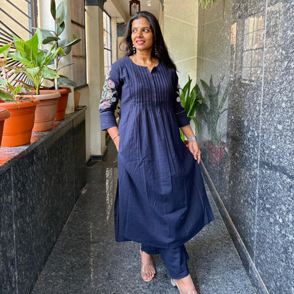 Navy Blue Pintuck Embroidered Cotton Kurta Set