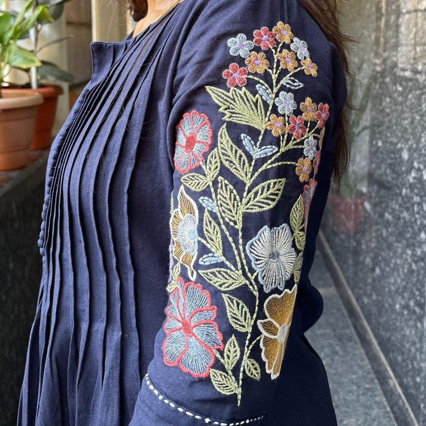 Navy Blue Pintuck Embroidered Cotton Kurta Set