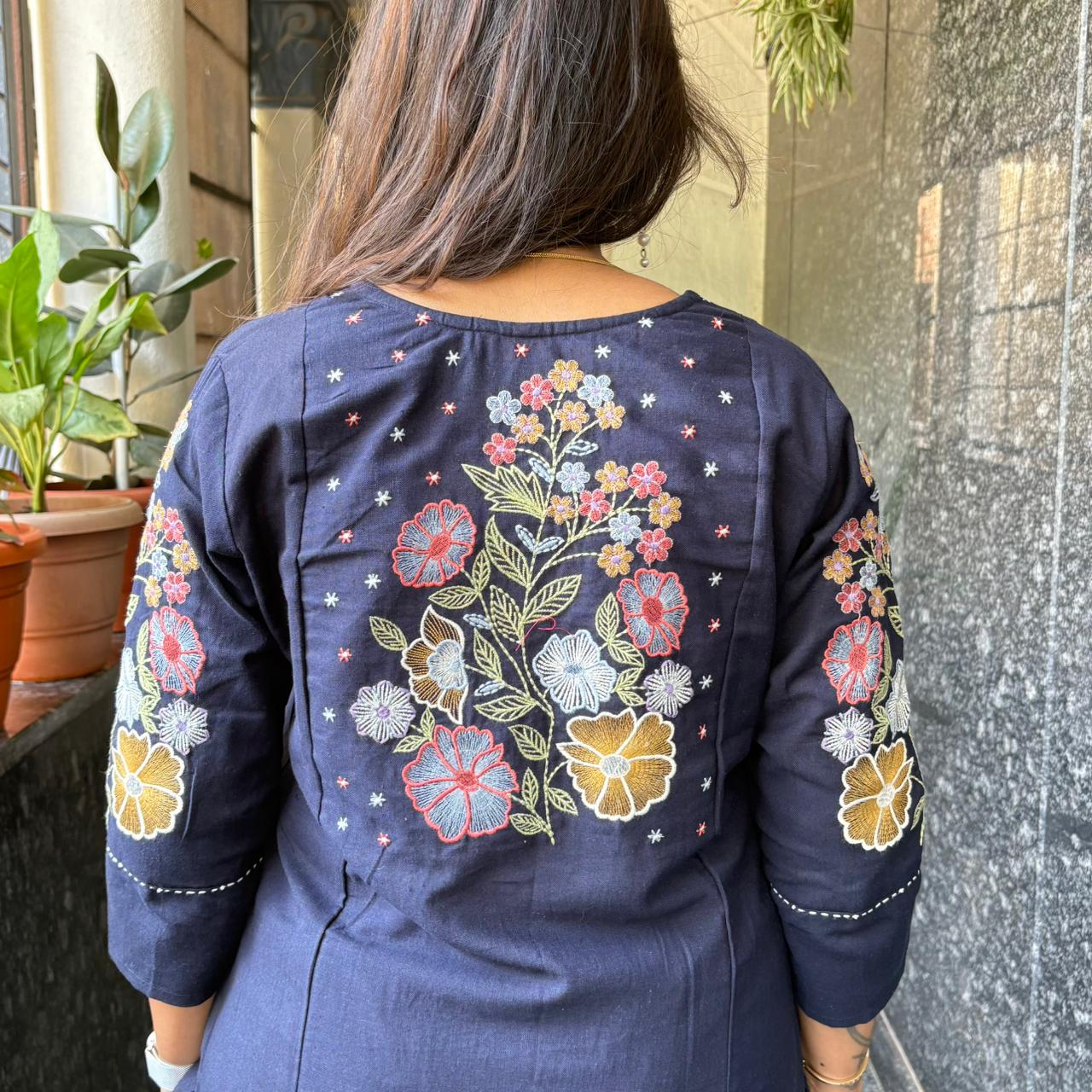 Navy Blue Pintuck Embroidered Cotton Kurta Set