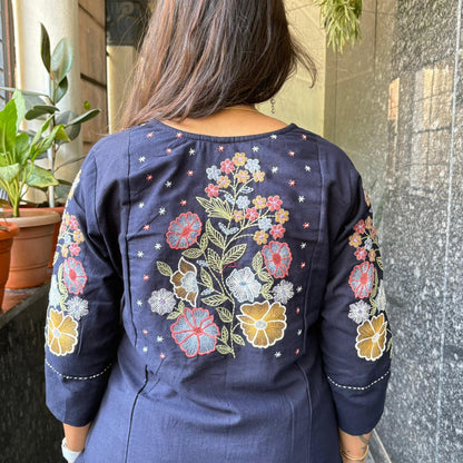 Navy Blue Pintuck Embroidered Cotton Kurta Set