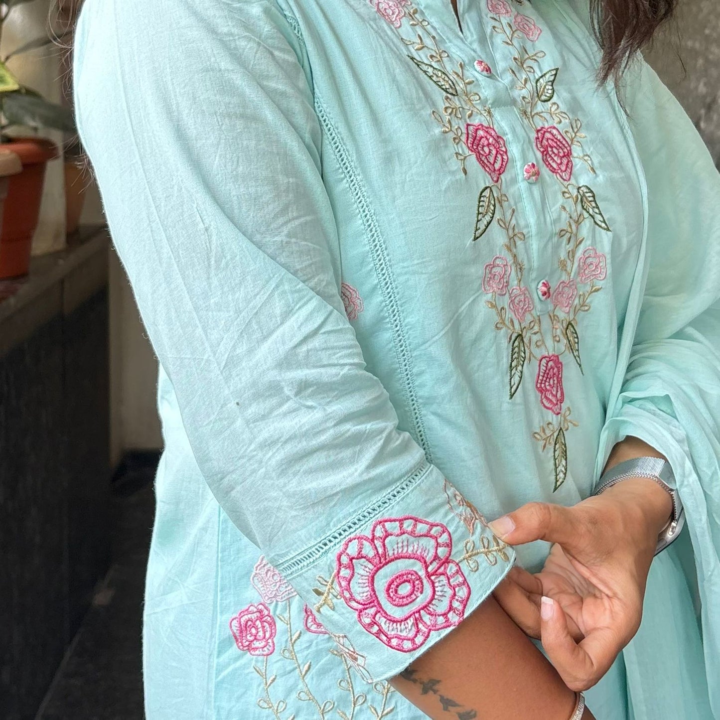 Pastel Blue Mul Cotton Embroidered Kurta Set with Dupatta