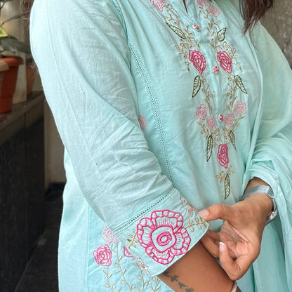 Pastel Blue Mul Cotton Embroidered Kurta Set with Dupatta