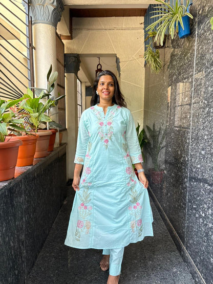 Pastel Blue Mul Cotton Embroidered Kurta Set with Dupatta