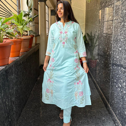 Pastel Blue Mul Cotton Embroidered Kurta Set with Dupatta