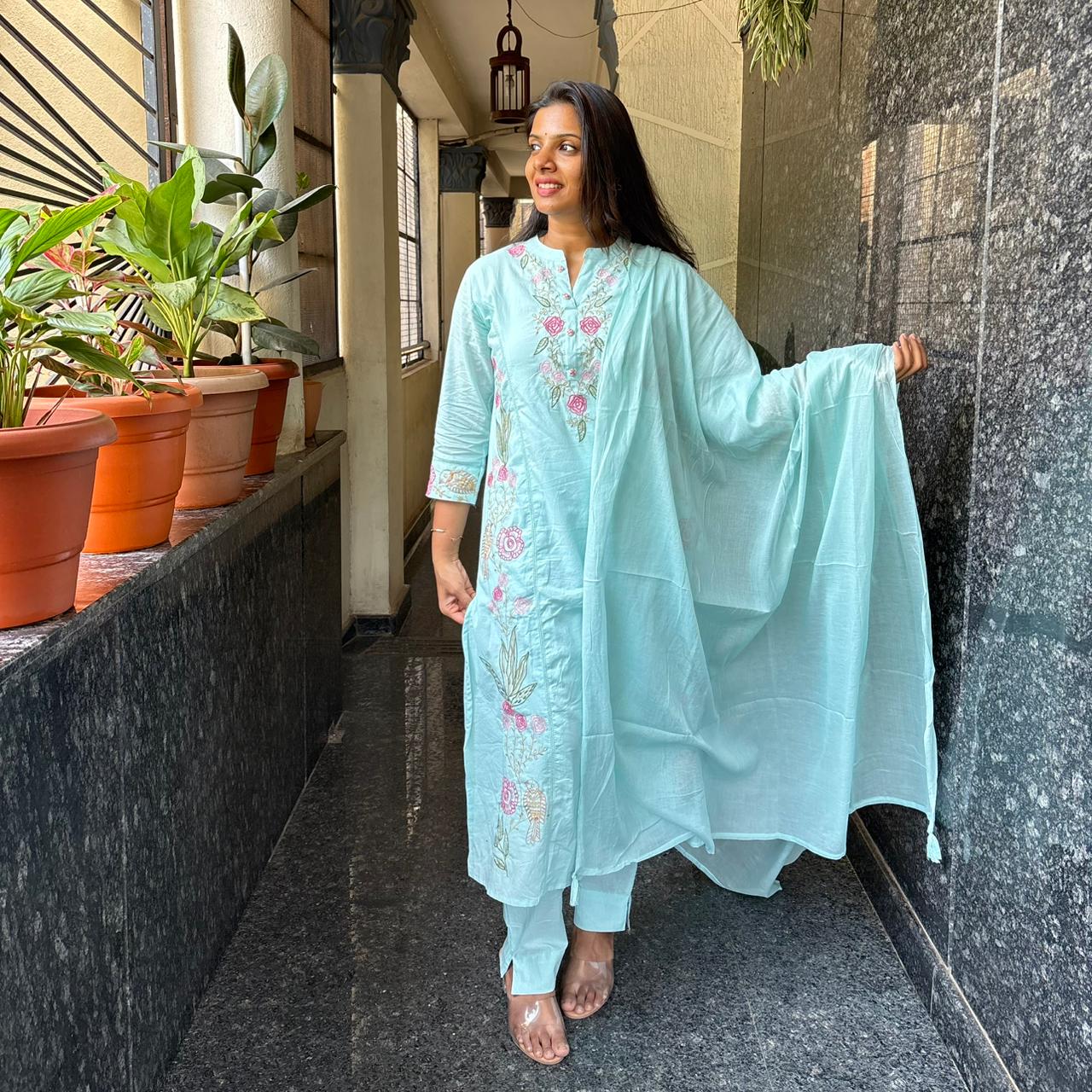 Pastel Blue Mul Cotton Embroidered Kurta Set with Dupatta