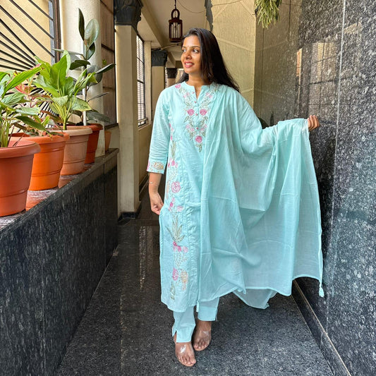 Pastel Blue Mul Cotton Embroidered Kurta Set with Dupatta