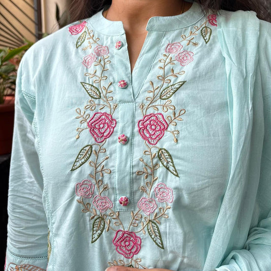 Pastel Blue Mul Cotton Embroidered Kurta Set with Dupatta