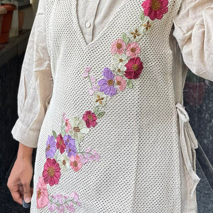 Jute Co-ord Set with Vest Floral Embroidery