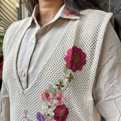 Jute Co-ord Set with Vest Floral Embroidery